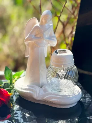 Solárny lampáš sviečka keramický anjel A2 BIELY (29,5 cm)
