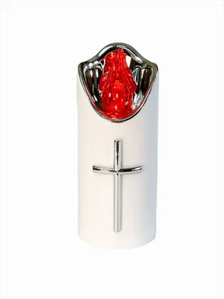 LED sviečka Strieborný kríž 1/23/LUX-BAT/W BIELA + červený plameň (12 cm)
