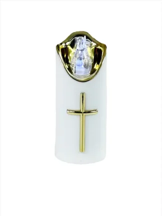 LED sviečka Zlatý kríž 1/23/LUX-BAT/W BIELA + biely studený plameň (12 cm)