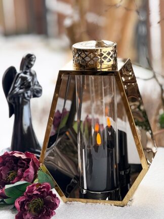 Kovový lampáš LN2542 Zlatý + LED sviečka čierna 19/21/YZE