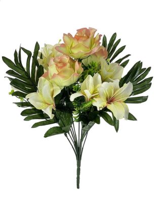 Bukiet mieszany z liściem palmy L343A- Ecru + róż 40 cm