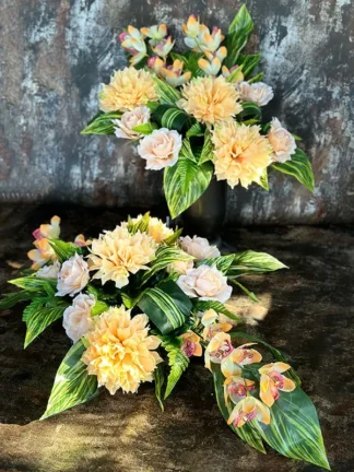 Komplet kompozycja z CHRYZANTEMĄ wazon + doniczka na grób JASNY ŻÓŁTY/KREM