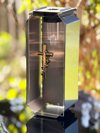 Kapliczka Solarna Metalowa LUXORIA T4 - Stal nierdzewna szkło Transparent Złoty Krzyż (26 cm)
