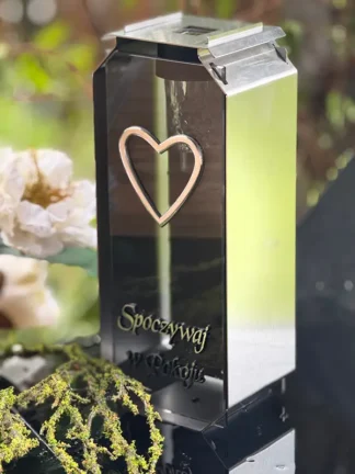 Kapliczka Solarna Metalowa LUXORIA T4 - Stal nierdzewna szkło GRAFIT Srebrny "Spoczywaj w Pokoju" (26 cm)