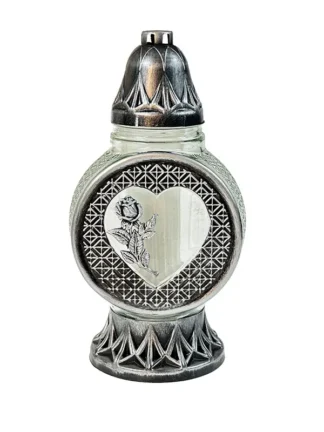 Znicz szklany Sofia Serce z różą Srebrny (30 cm)