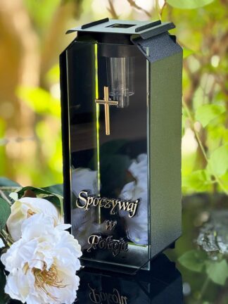 Kapliczka Solarna Metalowa LUXORIA T4 "Spoczywaj w pokoju" (ZŁ) Czarny Mat Transparent (26 cm)