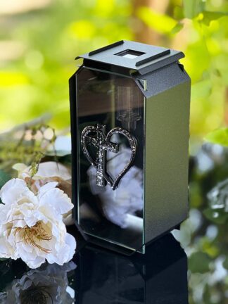 Kapliczka Solarna Metalowa LUXORIA T3 SREBRNE SERCE KRZYŻ Czarny Mat Transparent (22 cm)