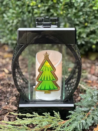 Znicz Świąteczny Koło Ażur Czarny + Choinka (28 cm)