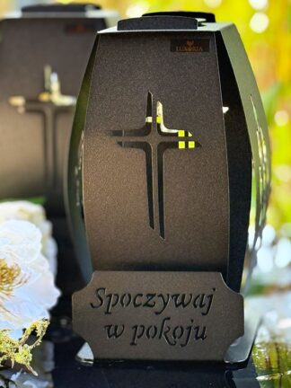 Kapliczka Solarna Metalowa LUXORIA 3 - Czarna Krzyż Spoczywaj w Pokoju (26 cm)