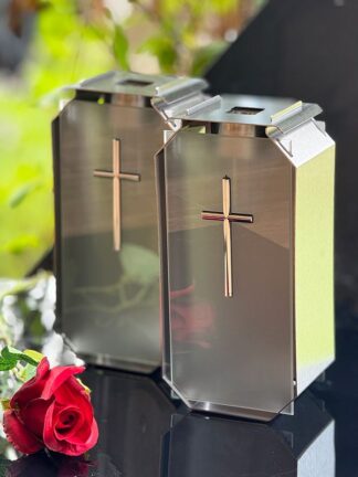 Zestaw 2 x Kapliczka Solarna Metalowa LUXORIA T3 Srebrny Krzyż Stal nierdzewna Szkło Mleczne (22 cm)
