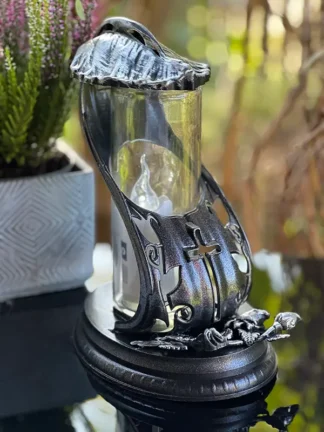 Znicz szklany ZP LIŚĆ Silver + wkład Led Gratis (24cm)
