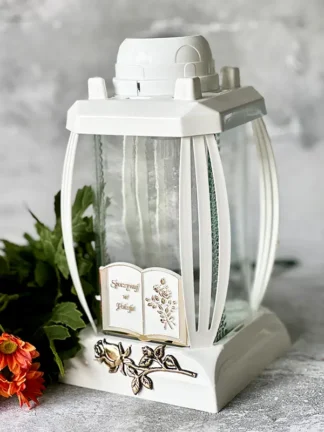 Znicz Solarny Kapliczka Prima1 Biały Książka ZŁOTY NAPIS/RÓŻA "Spoczywaj w pokoju" (24cm)