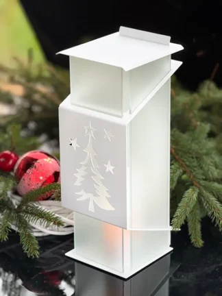 Znicz Kapliczka metalowa Premium Choinka ZBCH3M Biały / Mleczne szkło + LED