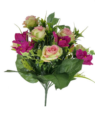Bukiet mieszany BF-7 Róża/ Irys/ Bluszcz 18 GAŁĄZEK 46 cm (Jasny/ ciemny róż)