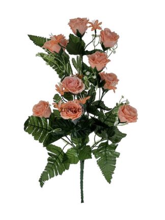 Bukiet róż z paprocią i gipsówką K108 (Łososiowy)  50 cm