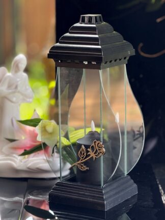 Znicz szklany Napoleon Złota RÓŻA +Świeca Led (40 cm)