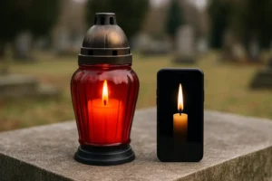 czerwony znicz i wirtualna świeca na smartfonie na tle cmentarza