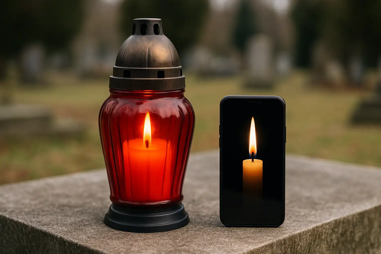 czerwony znicz i wirtualna świeca na smartfonie na tle cmentarza