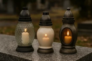 Trzy znicze wykonane ze szkła, ceramiki i metalu ustawione na nagrobku, każdy z zapalonym płomieniem – porównanie materiałów zniczy w praktyce
