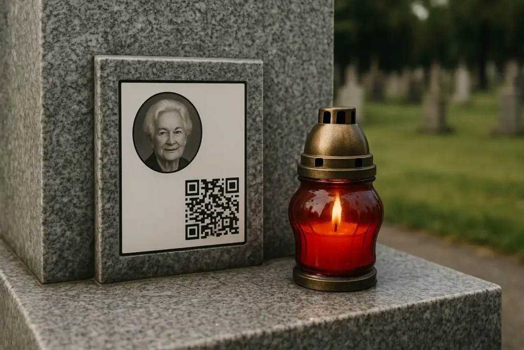 Fotorealistyczne ujęcie nagrobka z tabliczką zawierającą zdjęcie zmarłej osoby i niewielki kod QR prowadzący do cyfrowego profilu pamięci. Obok stoi tradycyjny czerwony znicz, tworząc spokojną, symboliczną scenę.