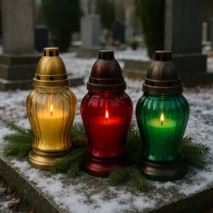 Złoty, czerwony i zielony znicz stojące na ośnieżonym nagrobku w zimowej scenerii, z gałązkami świerku u podstawy.