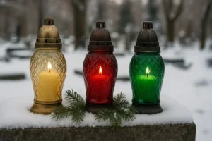 Złoty, czerwony i zielony znicz stojące na ośnieżonym nagrobku w zimowej scenerii, w poziomym kadrze, z gałązkami świerku u podstawy.