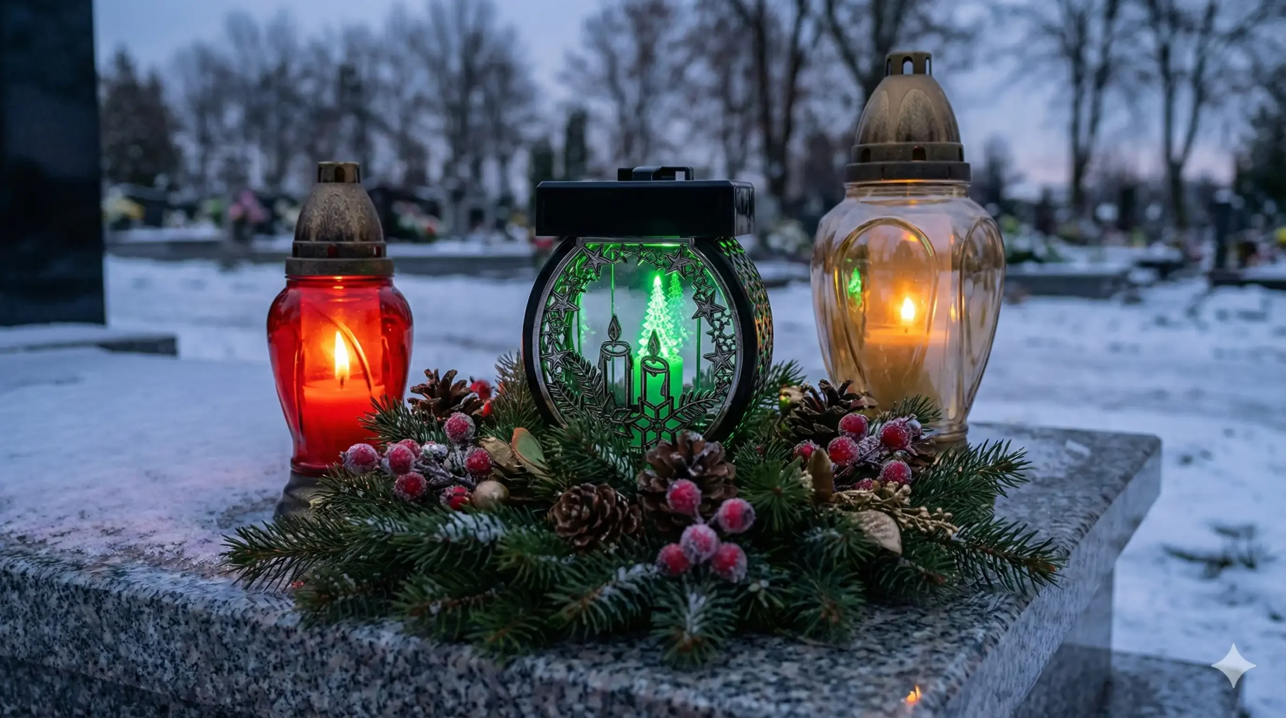 Bożonarodzeniowa dekoracja nagrobna na ośnieżonym pomniku. Stroik świąteczny z igliwia, szyszek i czerwonych owoców otacza centralny lampion LED z zielonym światłem i motywem choinki oraz dwa tradycyjne szklane znicze (czerwony i złoty) z palącymi się wkładami. Tło stanowi zimowy cmentarz o zmierzchu.