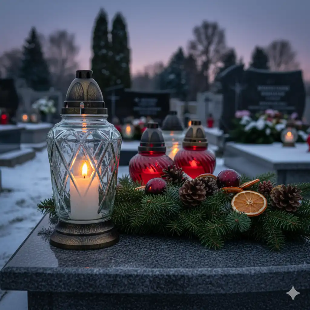 Świąteczny stroik i zapalone znicze na zimowym nagrobku o zmierzchu