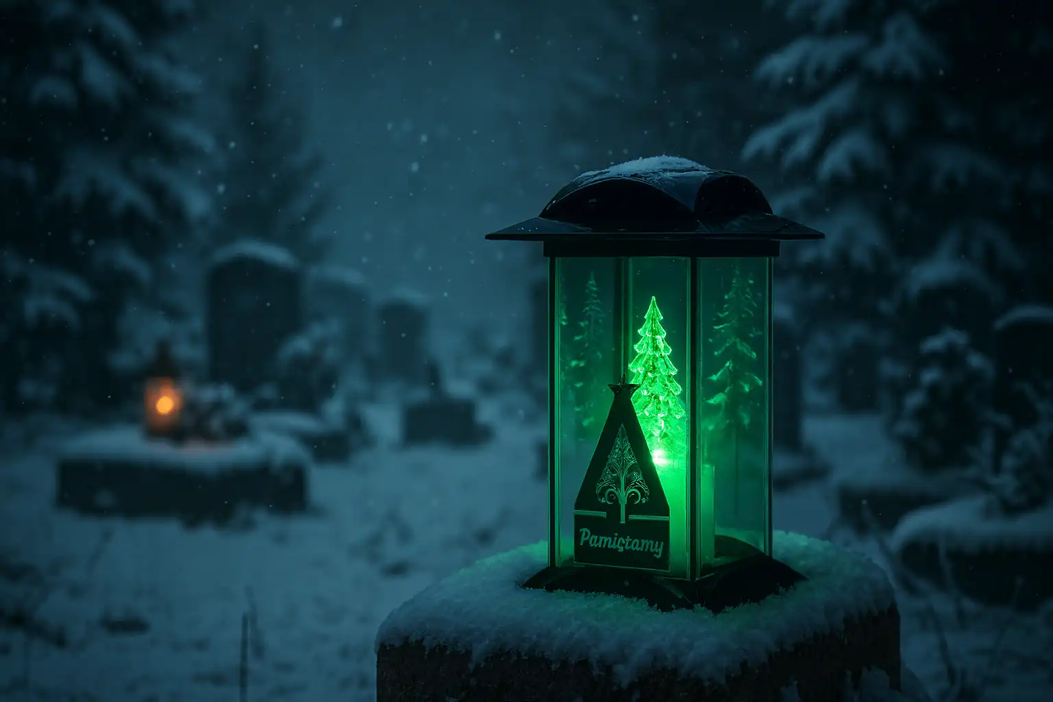 Znicz bożonarodzeniowy z zielonym światłem na ośnieżonym cmentarzu