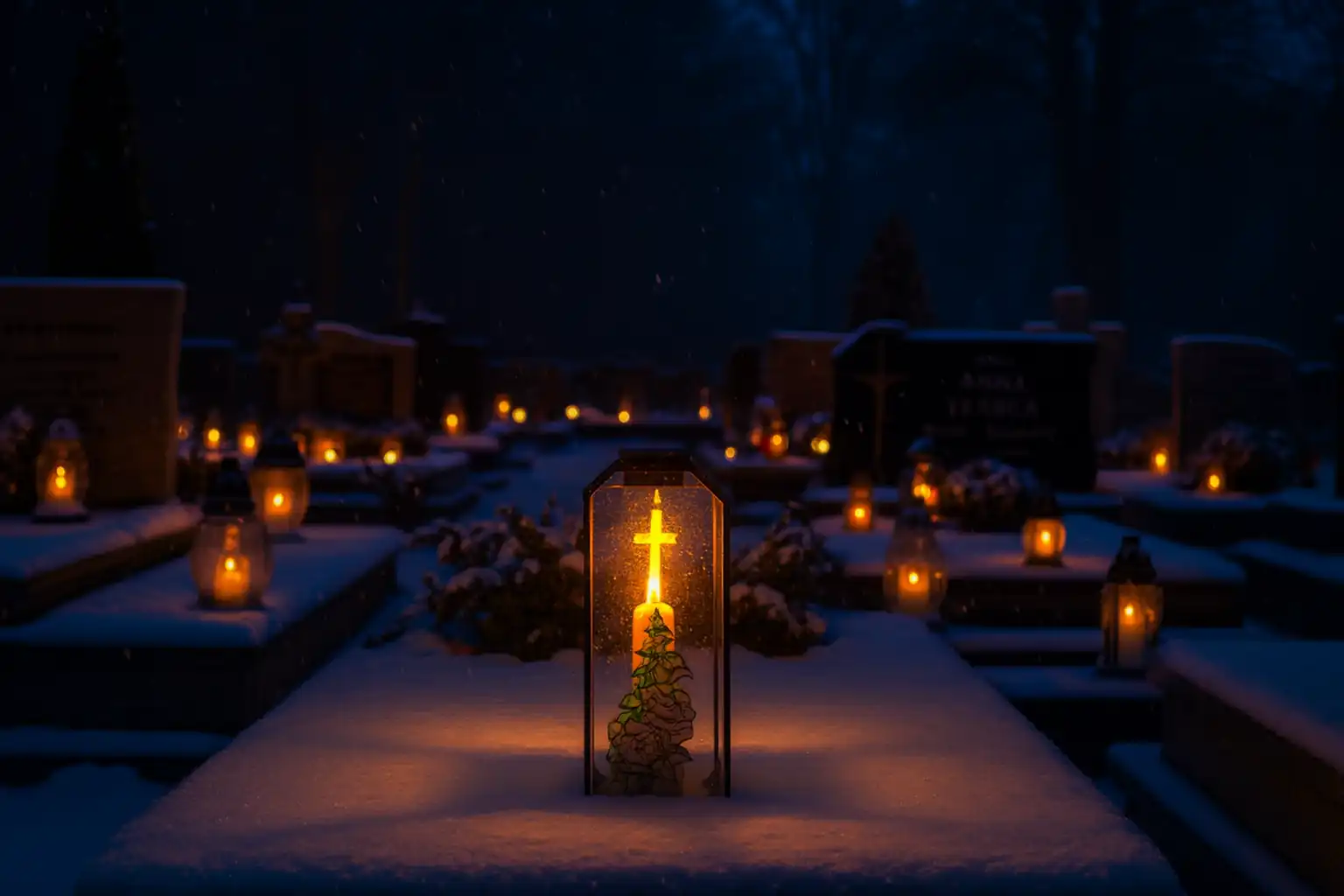 Znicze Na Cmentarzu W Zimowej Scenerii