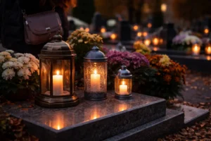 Bezpieczne znicze w szklanych lampionach ustawione stabilnie na nagrobku o zmierzchu