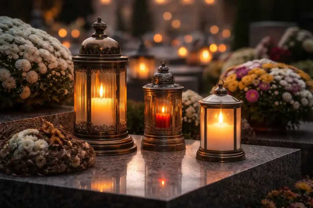 Lampiony cmentarne LED i tradycyjne znicze na granitowym nagrobku po zmroku