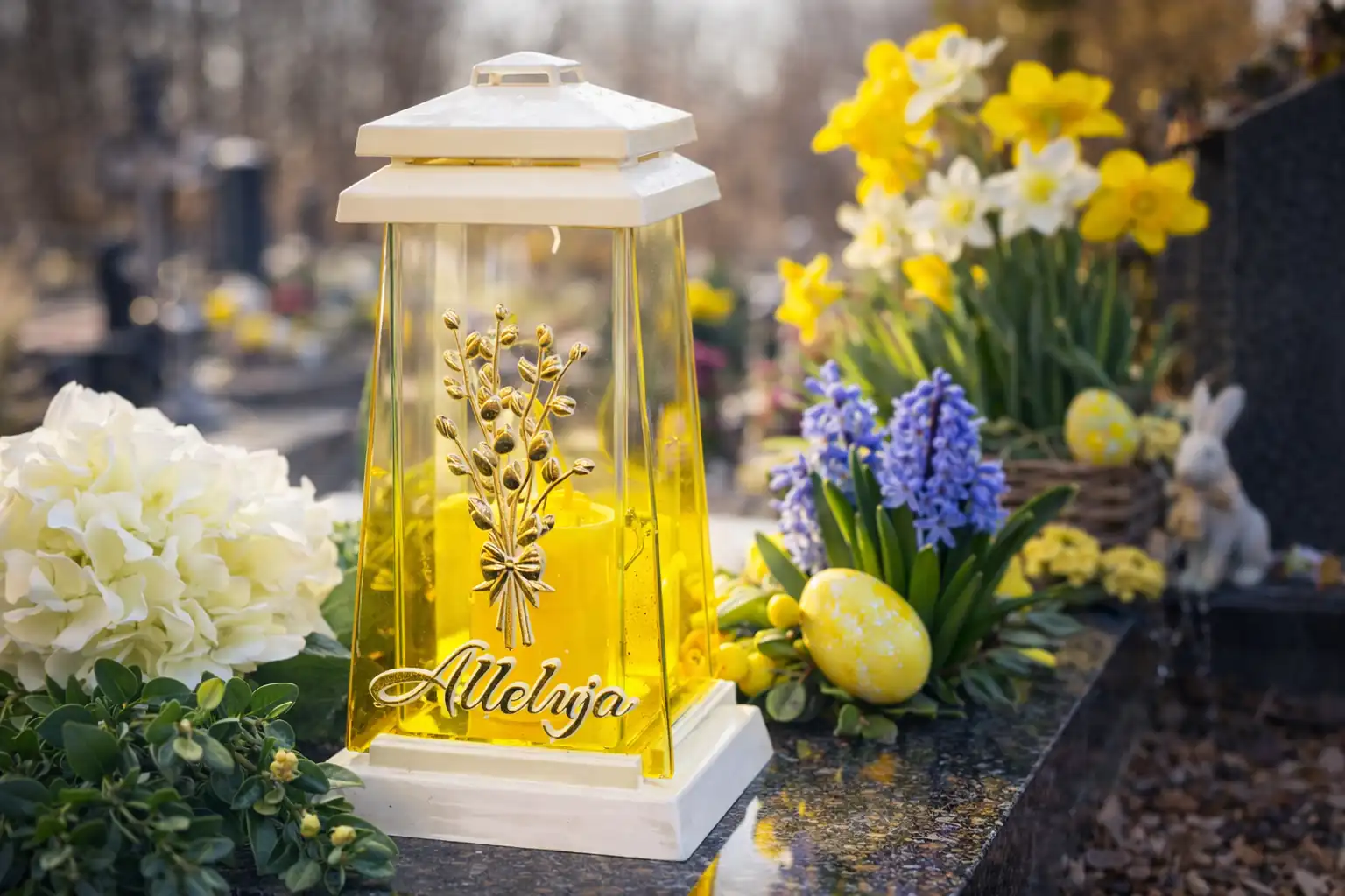 Znicz wielkanocny szklany w jasnej kolorystyce na nagrobku, symbol światła i pamięci