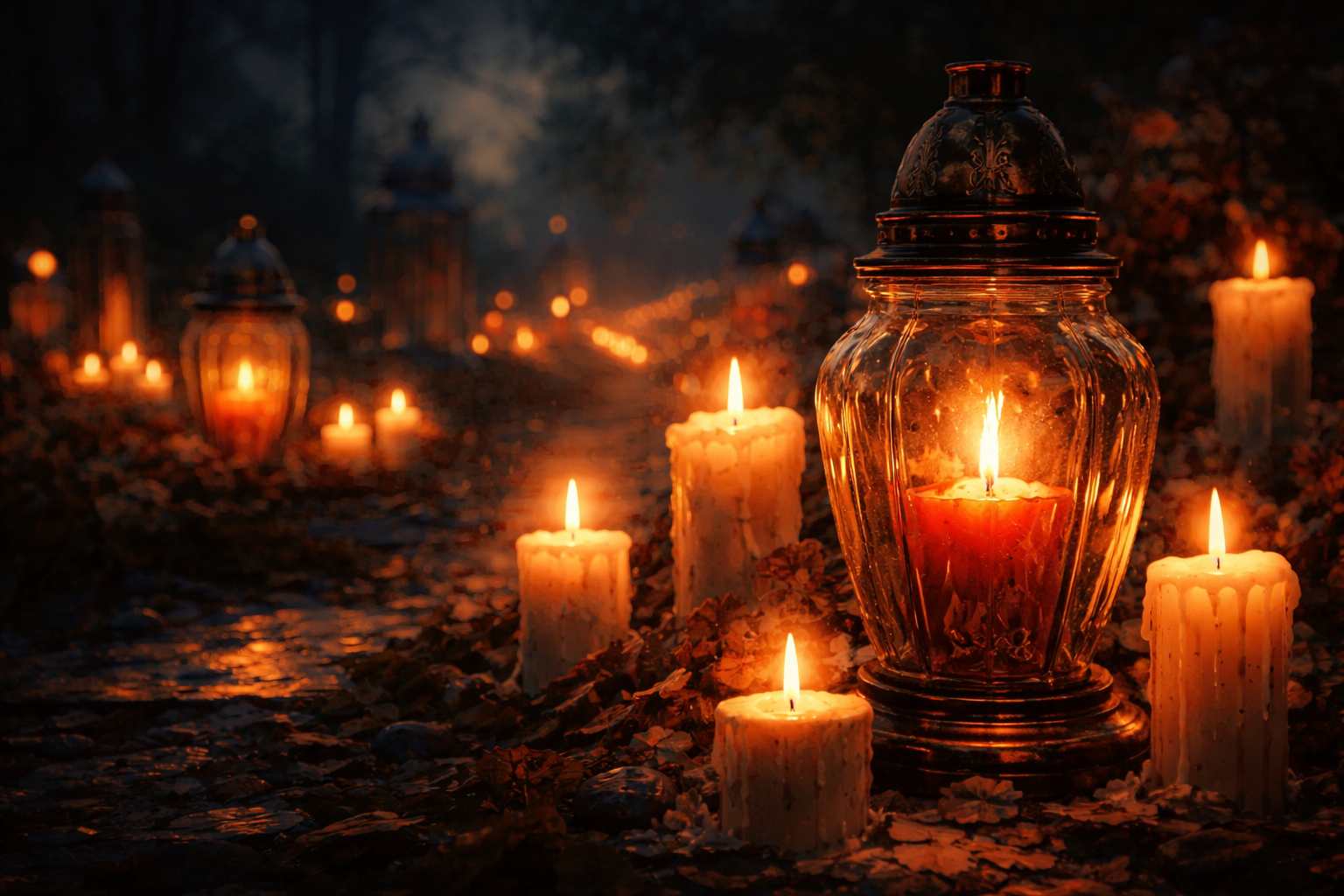 Artystyczna scena z płonącymi zniczami i świecami symbolizującymi pamięć, duchowość i obecność światła w sztuce