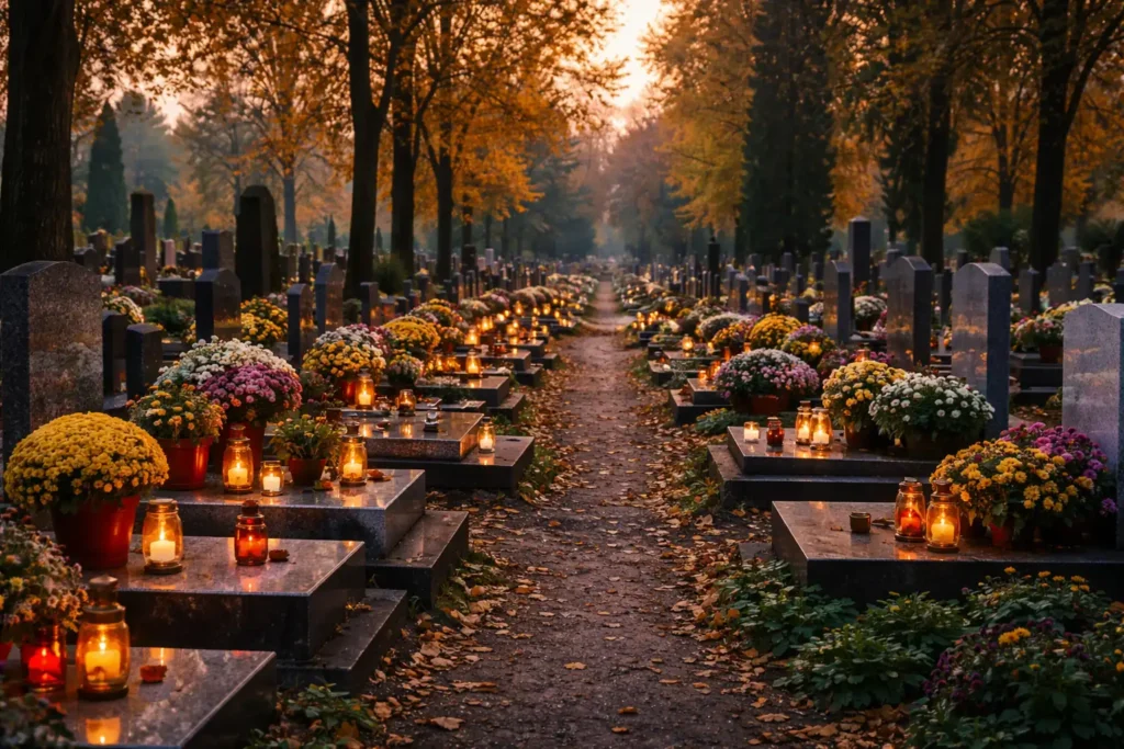 Fotorealistyczny cmentarz jesienią z zapalonymi zniczami i alejką między grobami