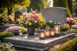 Zadbany granitowy nagrobek z kompozycją kwiatową i zapalonymi zniczami w słoneczny dzień na cmentarzu