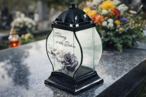 Znicz szklany z napisem „Tęsknimy za tobą Babciu” ustawiony na granitowym grobie