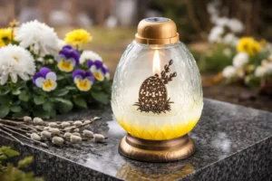 Znicz wielkanocny szklany w kształcie jajka na nagrobku, wiosenna dekoracja grobu z kwiatami