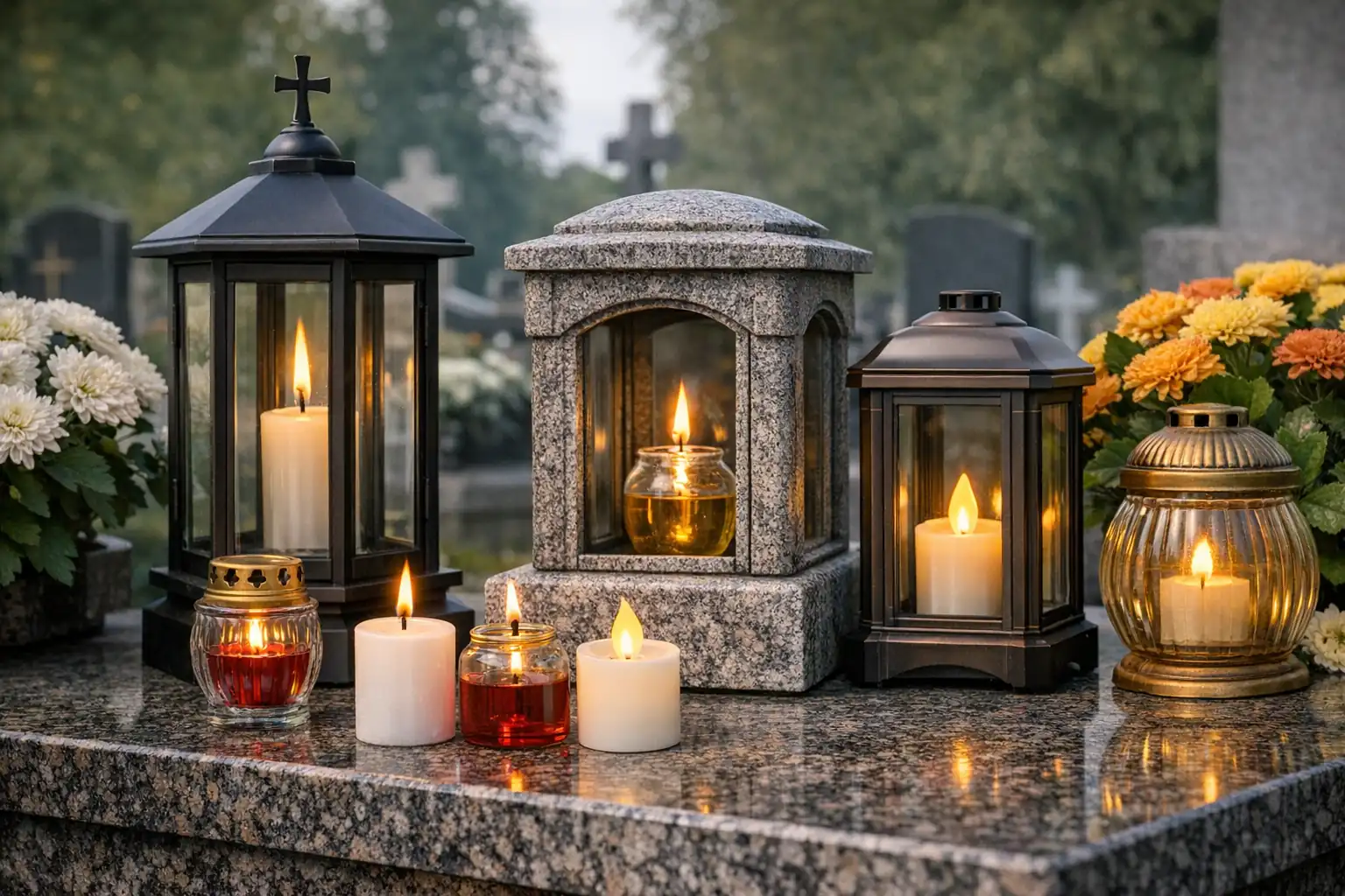 latarenki na cmentarz na nagrobku granitowym z zapalonymi wkładami parafinowymi i olejowymi