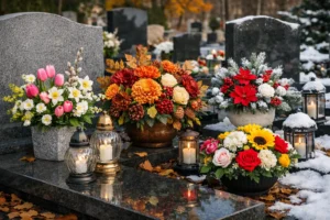 Sztuczne kwiaty na cmentarzu w sezonowych kompozycjach przy nagrobku z lampionami