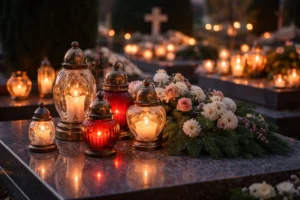 Znicze i kompozycja kwiatowa na granitowym nagrobku o zmierzchu