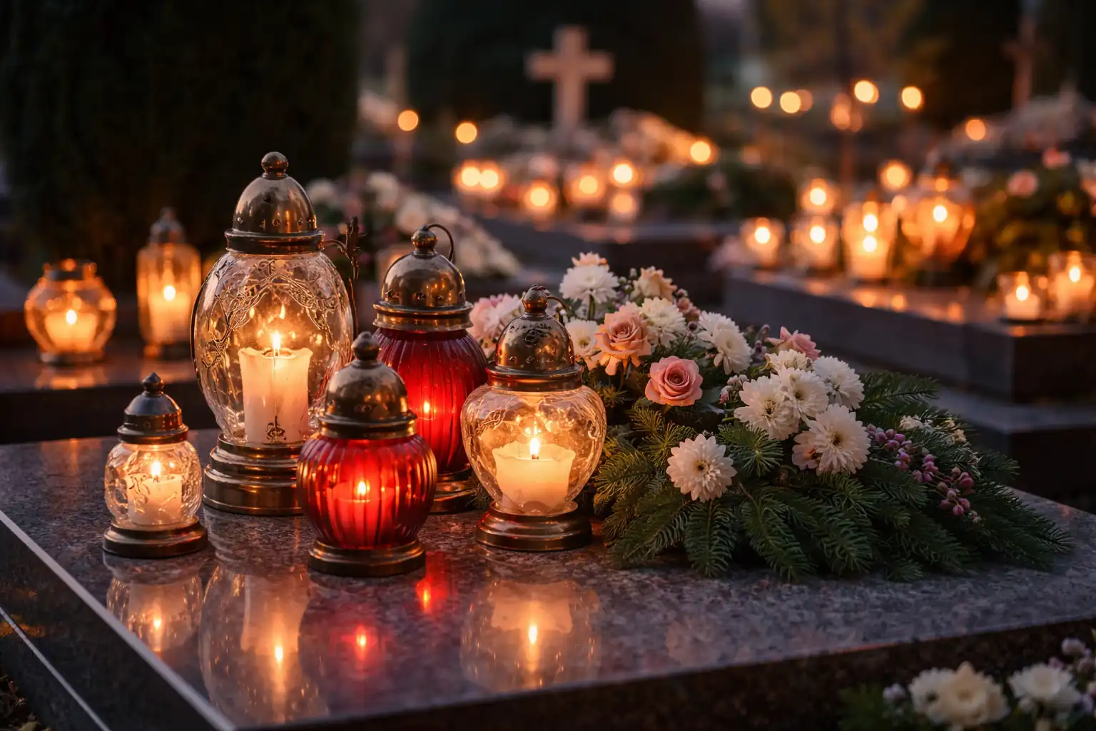 Znicze i kompozycja kwiatowa na granitowym nagrobku o zmierzchu