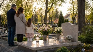 Rodzina odwiedza grób bliskiej osoby na cmentarzu w wiosenny dzień wśród kwiatów i zniczy