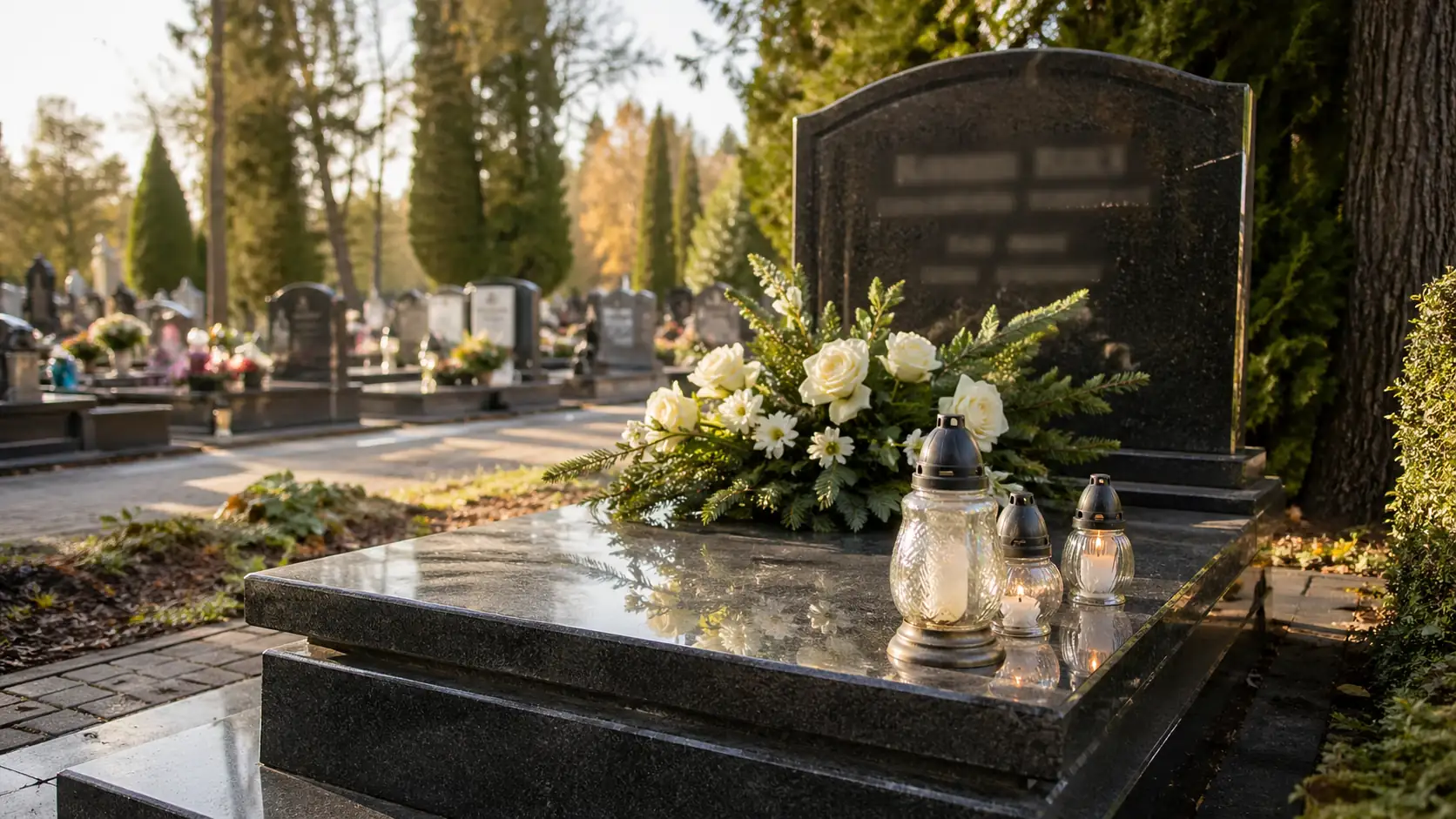 Grób z kwiatami, zniczami i nagrobkiem na cmentarzu – estetyczna aranżacja miejsca pamięci