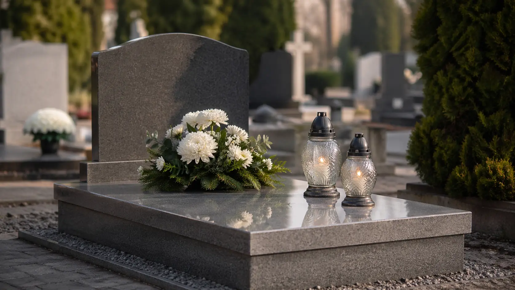 Minimalistyczna aranżacja grobu z granitowym pomnikiem, białymi kwiatami i dwoma zniczami